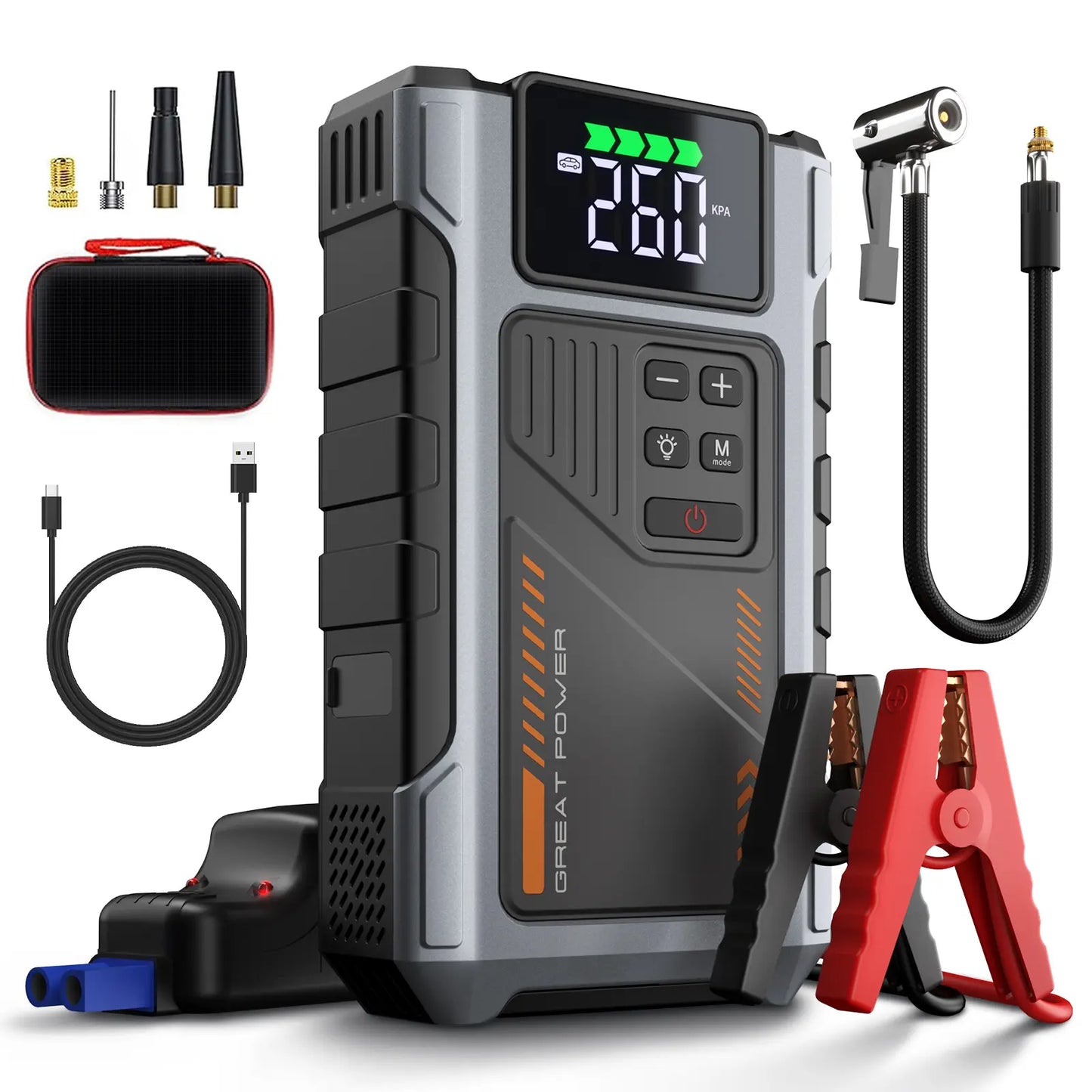 Portable Car Jump Starter with Air Compressor, 150 PSI Inflator & LED Light