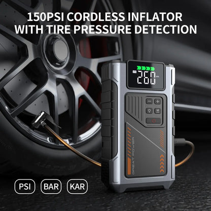 Portable Car Jump Starter with Air Compressor, 150 PSI Inflator & LED Light