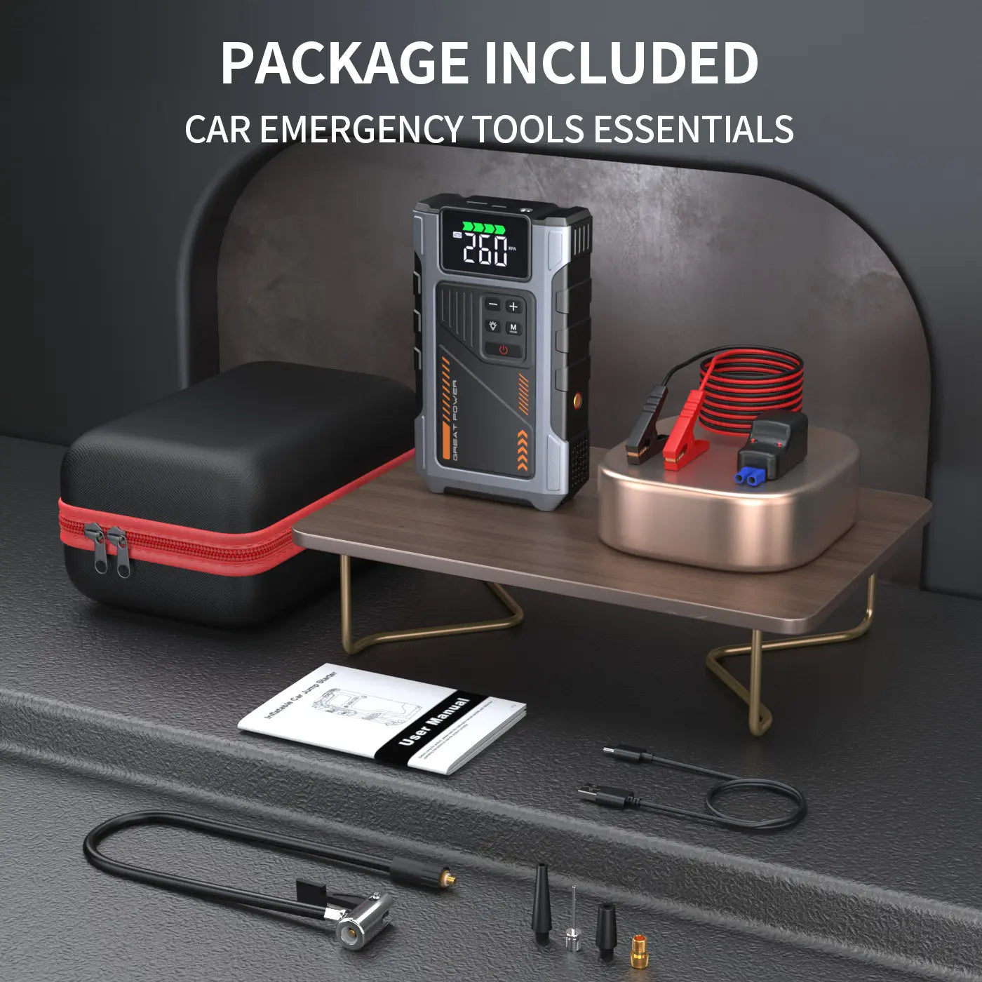 Portable Car Jump Starter with Air Compressor, 150 PSI Inflator & LED Light