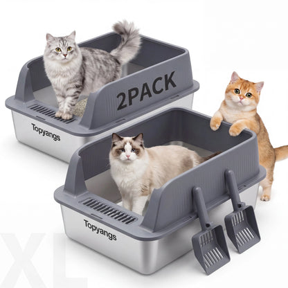 XL Stainless Steel Cat Litter Box 2-Pack – High-Sided & Easy Clean