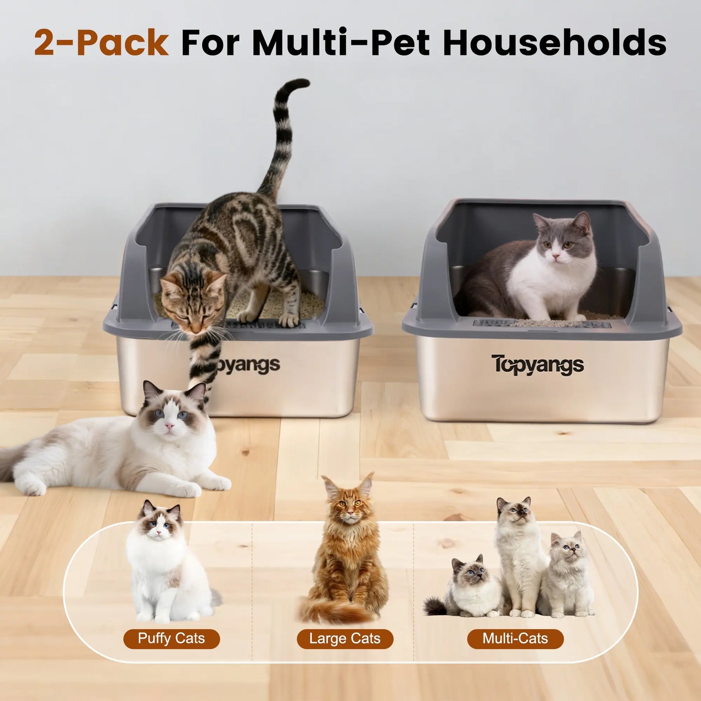 XL Stainless Steel Cat Litter Box 2-Pack – High-Sided & Easy Clean