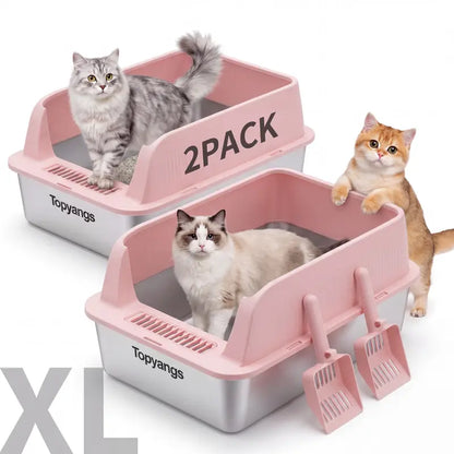 XL Stainless Steel Cat Litter Box 2-Pack – High-Sided & Easy Clean