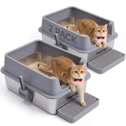 XL Stainless Steel Cat Litter Box 2-Pack – High-Sided & Easy Clean