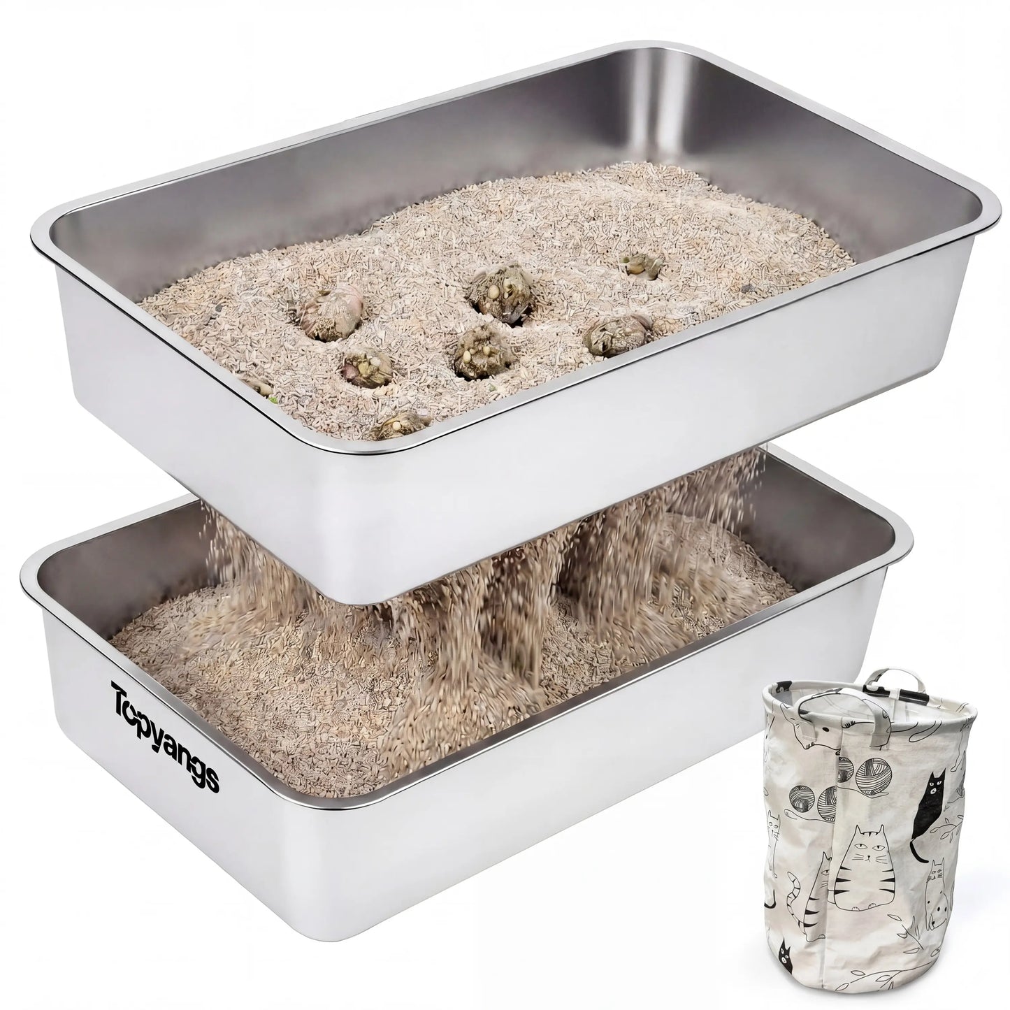 Topyangs XL Sifting Litter Box – Stainless Steel, Easy-to-Clean Catbox with High Sides