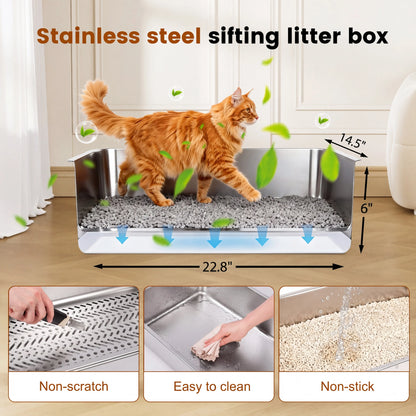 Topyangs XL Sifting Litter Box – Stainless Steel, Easy-to-Clean Catbox with High Sides