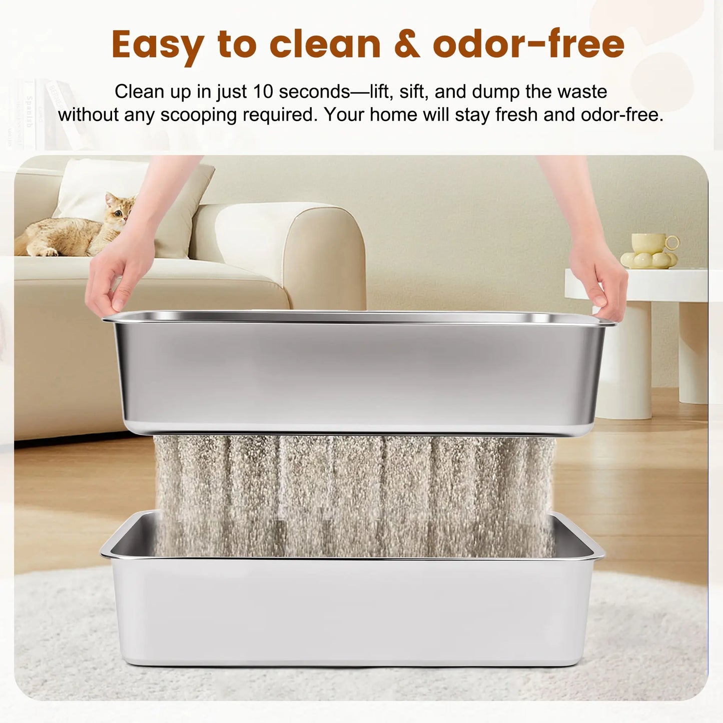 Topyangs XL Sifting Litter Box – Stainless Steel, Easy-to-Clean Catbox with High Sides