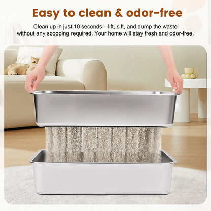 Topyangs XL Sifting Litter Box – Stainless Steel, Easy-to-Clean Catbox with High Sides