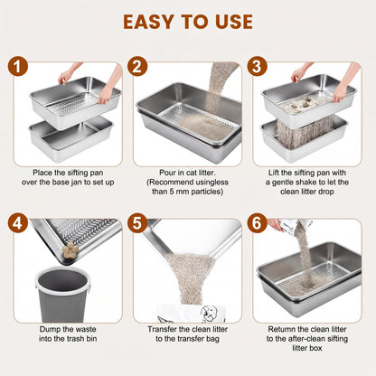 Topyangs XL Sifting Litter Box – Stainless Steel, Easy-to-Clean Catbox with High Sides