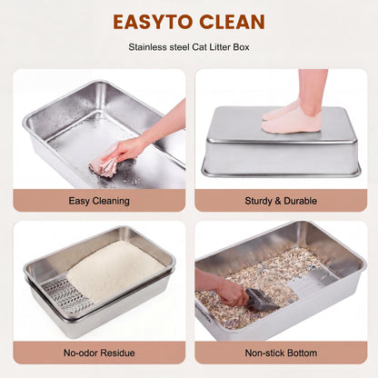 Topyangs XL Sifting Litter Box – Stainless Steel, Easy-to-Clean Catbox with High Sides