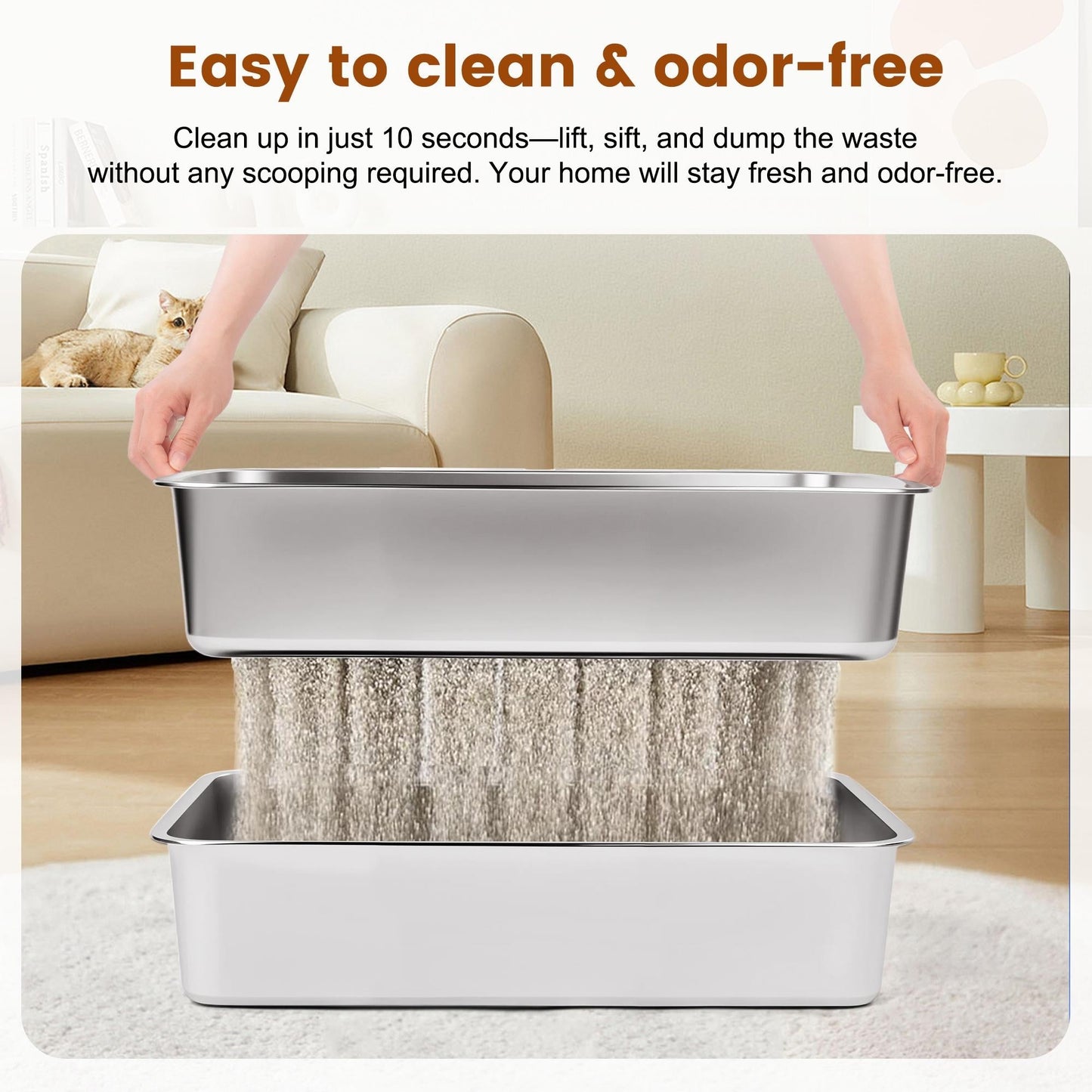 Topyangs XL Sifting Litter Box – Stainless Steel, Easy-to-Clean Catbox with High Sides