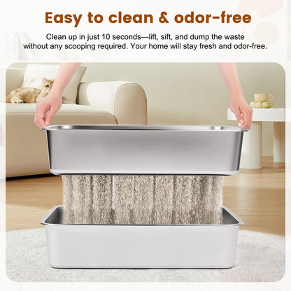 Topyangs XL Sifting Litter Box – Stainless Steel, Easy-to-Clean Catbox with High Sides
