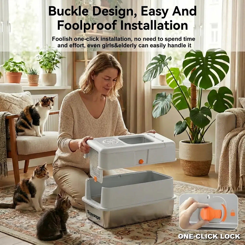 XL Stainless Steel Cat Litter Box with Lid – Splash-Proof & Easy Clean