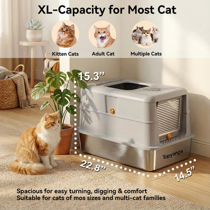 XL Stainless Steel Cat Litter Box with Lid – Splash-Proof & Easy Clean