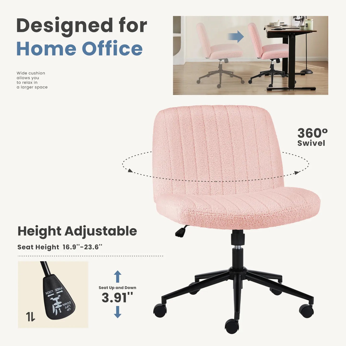 Wide Cross Legged Office Chair with Thick Cushion, Swivel & Rocking Function